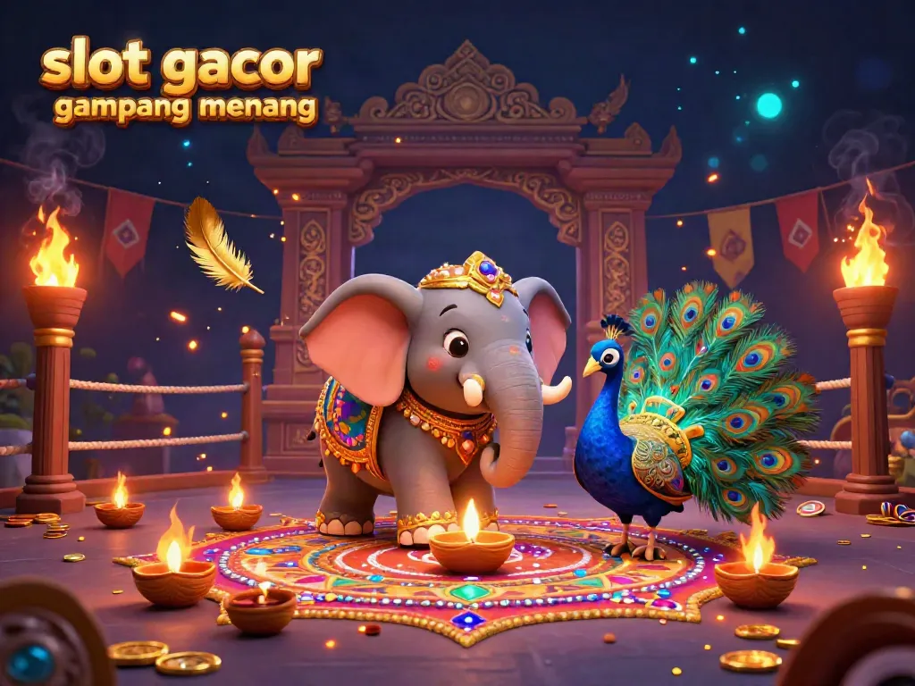 Engage in thrilling gaming with slot gacor gampang menang, featuring a colorful Diwali-themed elephant and peacock against a dynamic casino backdrop.