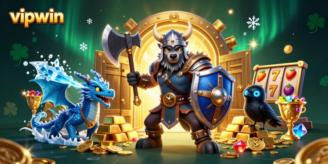 Join the action at vipwin with a thrilling Viking and dragon scene amidst slot games and treasure!