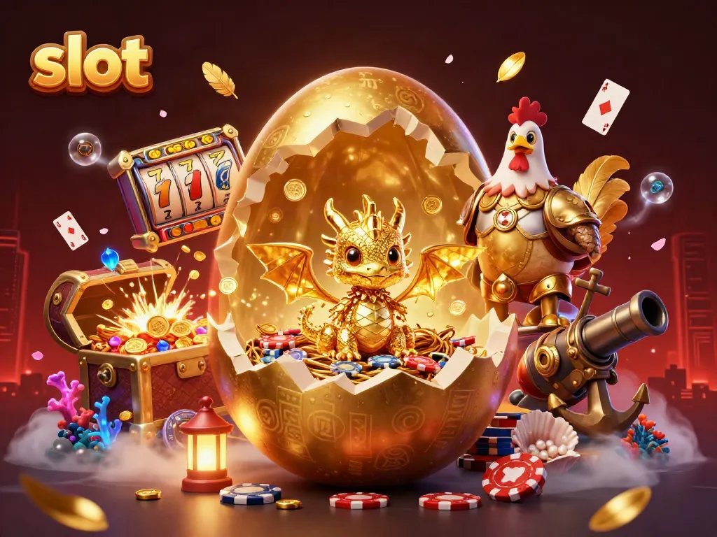 Menangkan jackpot slot dengan naga emas dan poker chip dalam ilustrasi 3D yang menakjubkan