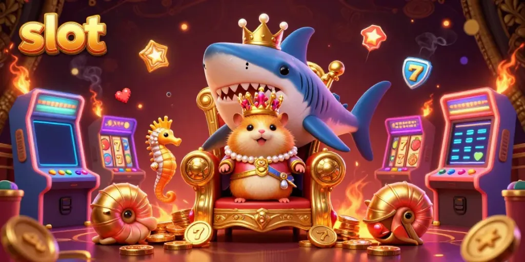 Raja hamster emas duduk di atas gigi hiu megalodon di kasino slot, dikelilingi elemen permainan.