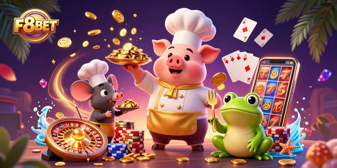 F8BET showcases a lively cartoon scene with a chef pig serving gold coins, exciting casino elements.