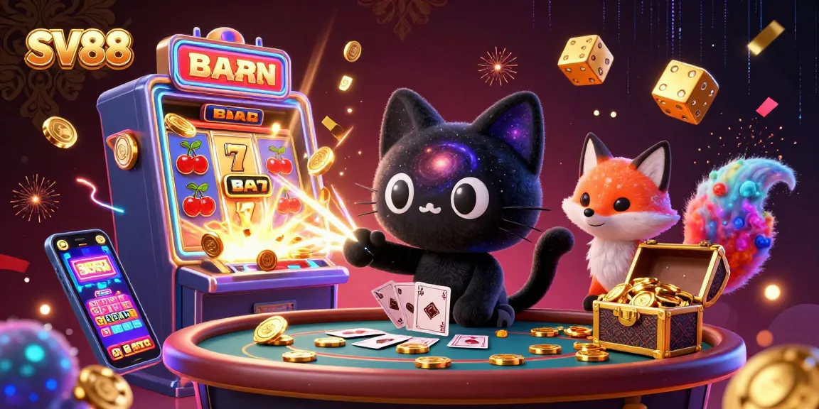 SV88 engages players with a lively cosmic casino featuring animated cash flow and vibrant game elements.