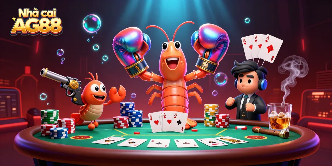 Play exciting poker with Nhà cái AG88 featuring vibrant mantis shrimp characters at a dynamic table