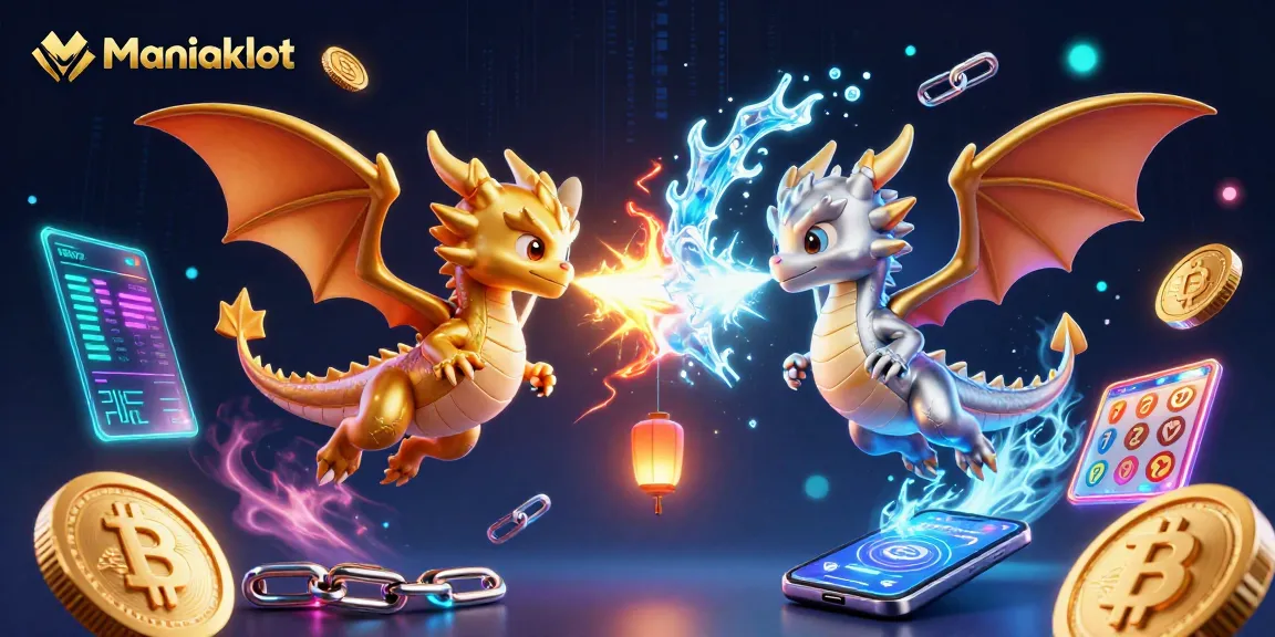 Spin and win with Maniakslot - a vibrant 3D scene featuring dragon twins and crypto elements.
