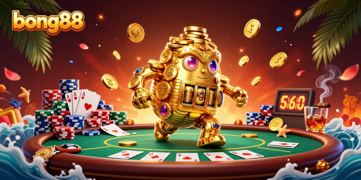 Engage with the vibrant world of bong88's casino, featuring a golden golem amidst poker elements.