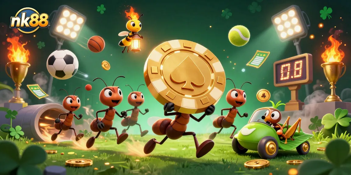 Engage with nk88 sports betting excitement through a lively scene of ants carrying a golden chip