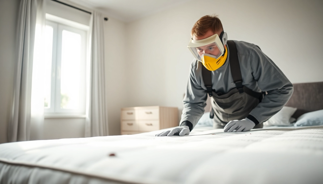 Technician demonstrates effective bed bug treatment techniques in a bright bedroom.