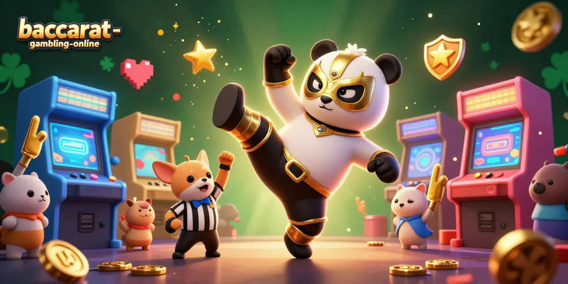 Baccarat-gambling-online featuring a lively scene of gambling excitement with panda, referee, and cheering crowd.