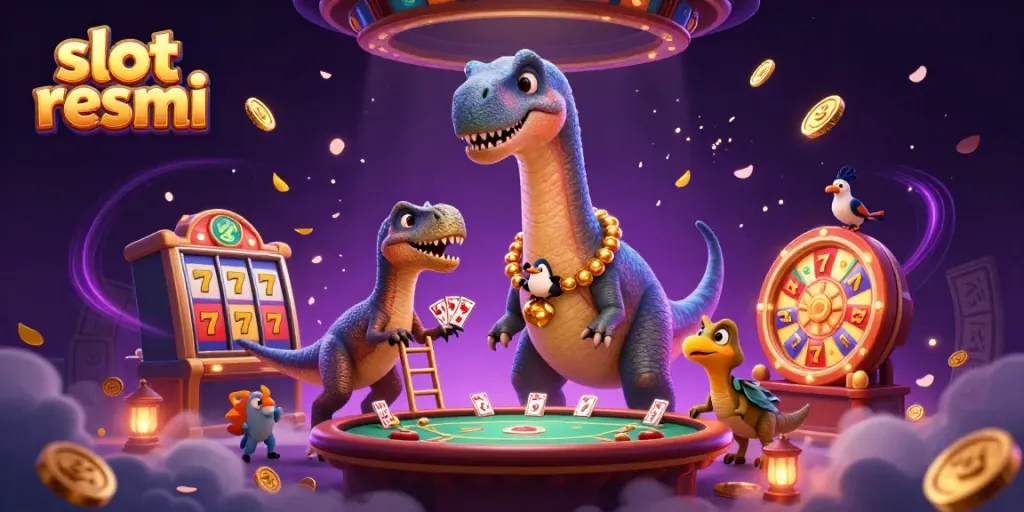 Experience slot resmi gameplay with a giant brontosaurus overlooking a poker table, vibrant casino elements around.