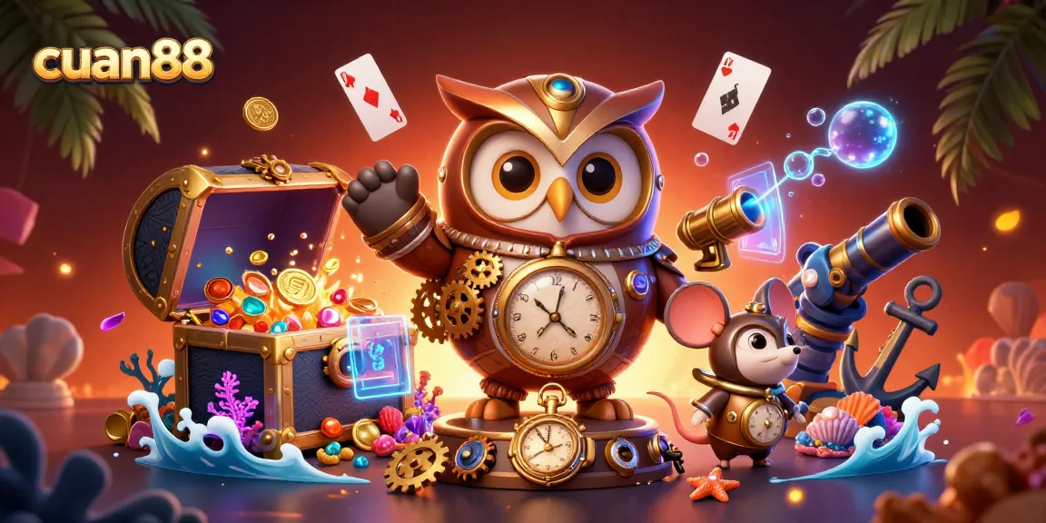 Cuan88 showcases a whimsical casino scene featuring a time-traveling owl and vibrant game elements.