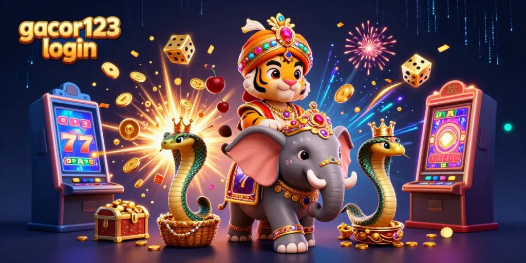 Engage in thrilling action with gacor123 login as a cartoon maharaja tiger, elephant, and snake celebrate a jackpot explosion.
