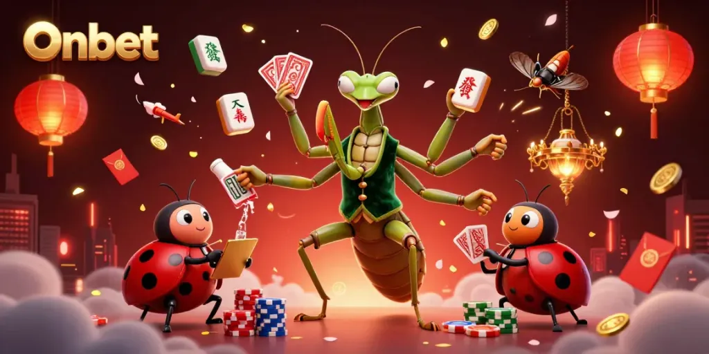 Experience high-stakes action at Onbet with a vibrant 3D casino scene featuring card dealing, chips, and festive decorations.