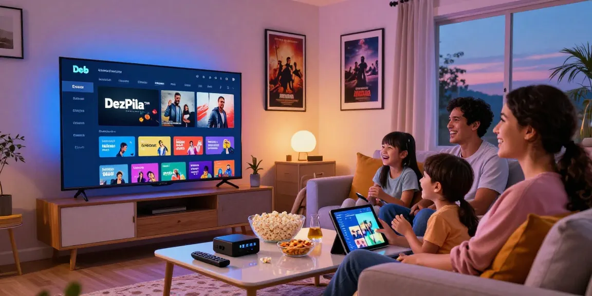 Family enjoying a movie night with DezPila streaming service in a cozy living room.