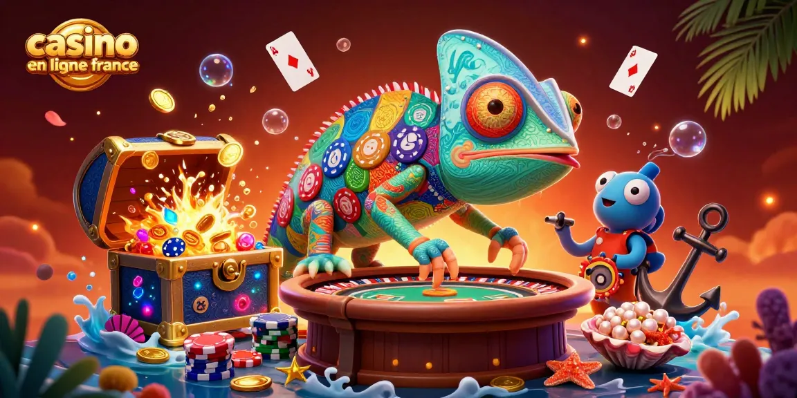Illustration dynamique d'un casino en ligne France avec un caméléon animant une salle de jeux vibrant