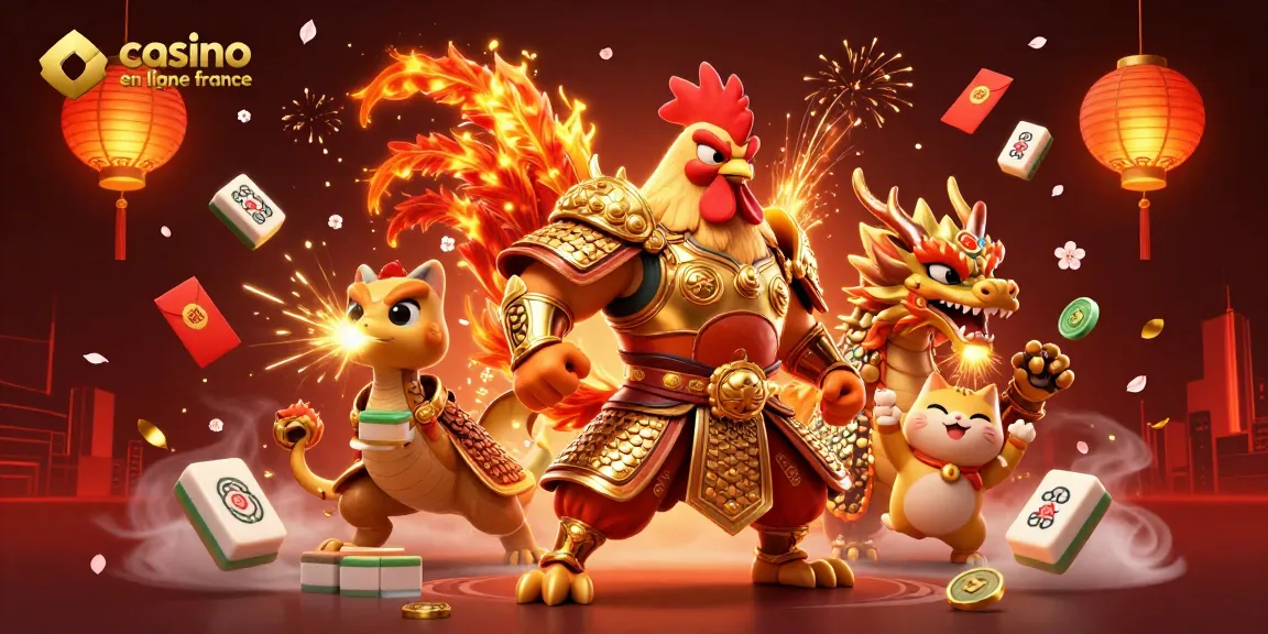 Illustration animée représentant le casino en ligne France avec un puissant guerrier coq samouraï et un dragon en armure.