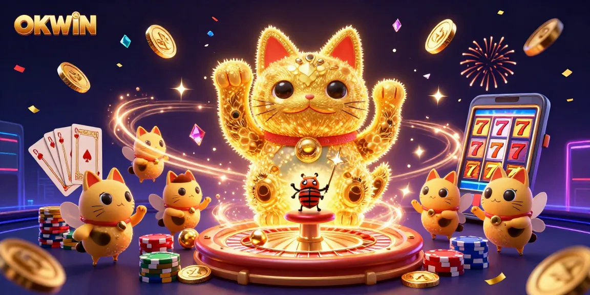 Experience the excitement of OKWIN with dynamic casino elements, including a lucky cat and vibrant game symbols.