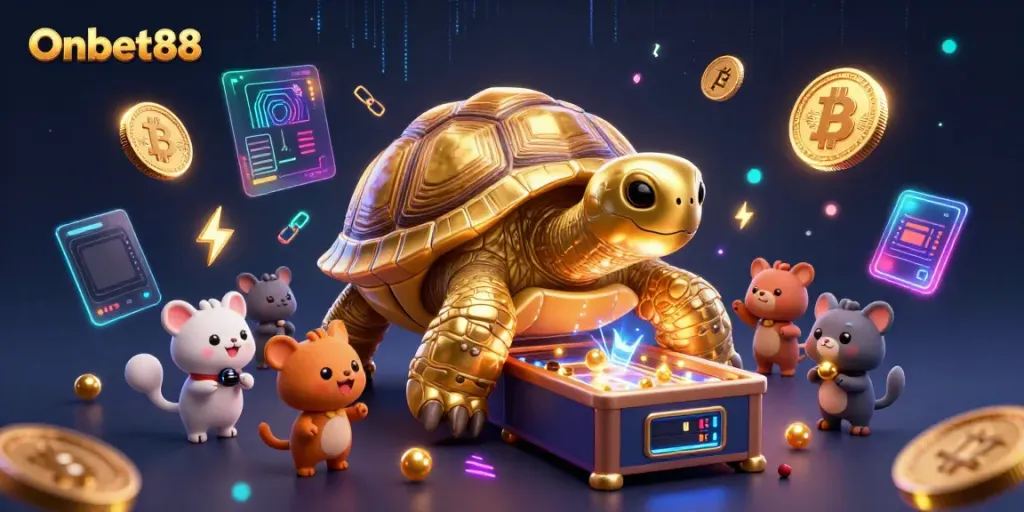 Experience the thrilling world of Onbet88 with vibrant game elements in a dynamic casino scene.