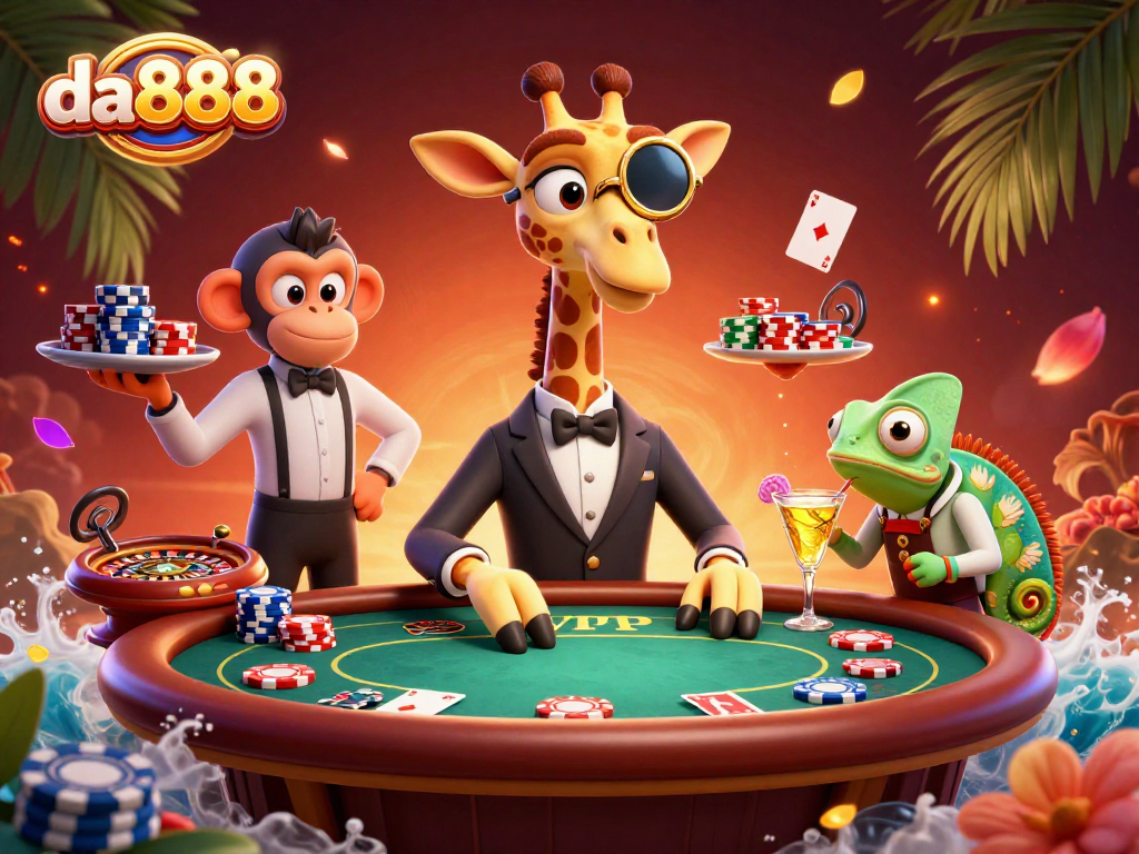 Join da888's high-roller giraffe at a lively poker table filled with gaming excitement.