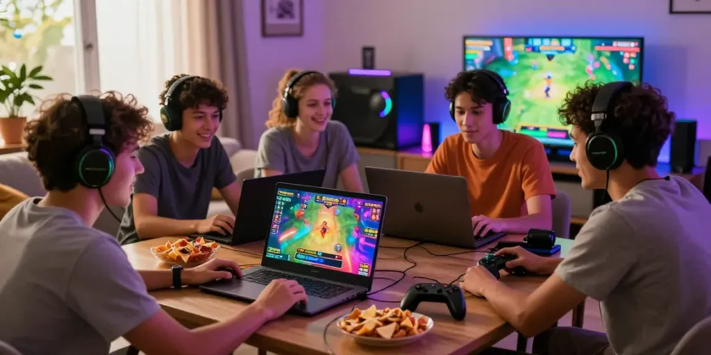 Friends enjoying a lively session of slot resmi gaming in a cozy living room atmosphere.