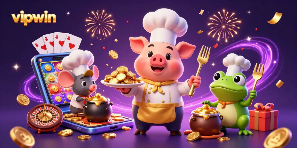 Experience the thrill of gambling with vipwin in a vibrant 3D scene of a chef pig serving gold coins and interactive casino elements.