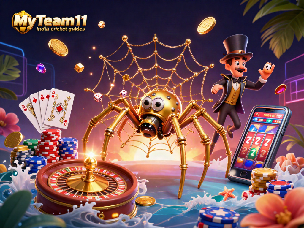 Engage with MyTeam11 India cricket guides featuring a captivating steampunk spider capturing unlucky dice.