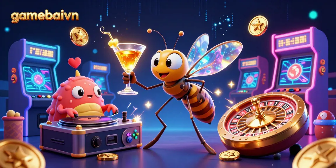 Join the gamebaivn poker challenge with creative casino mascots and vibrant gaming elements.