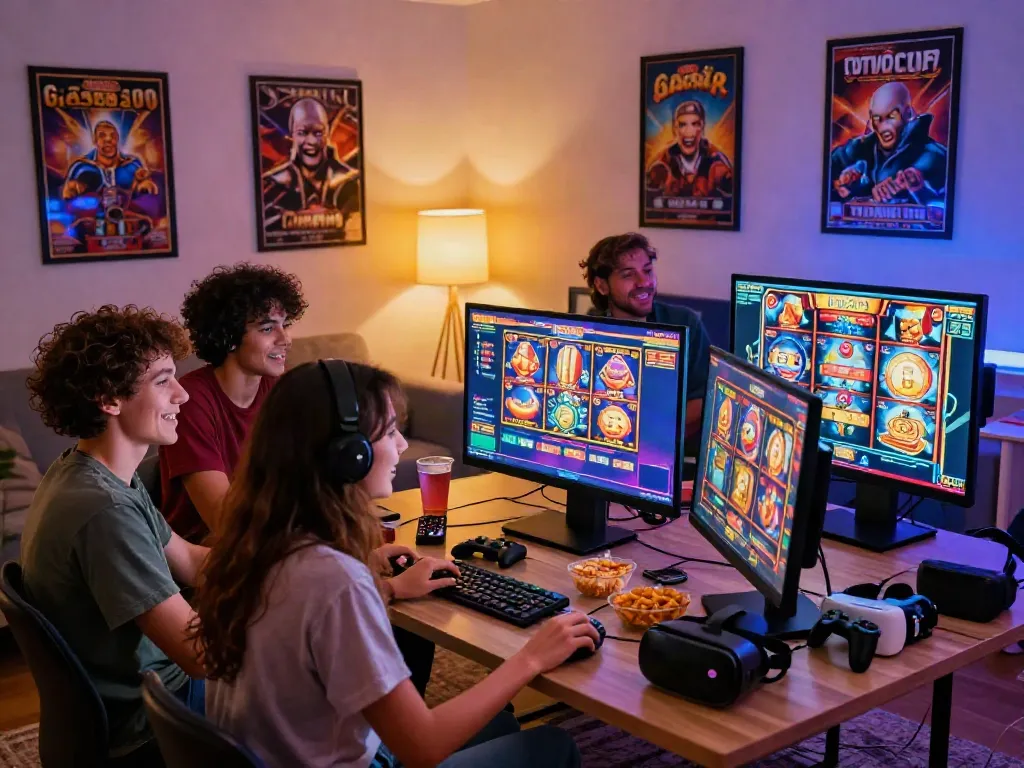 Friends enjoying slot online gacor games together in a cozy living room setting.