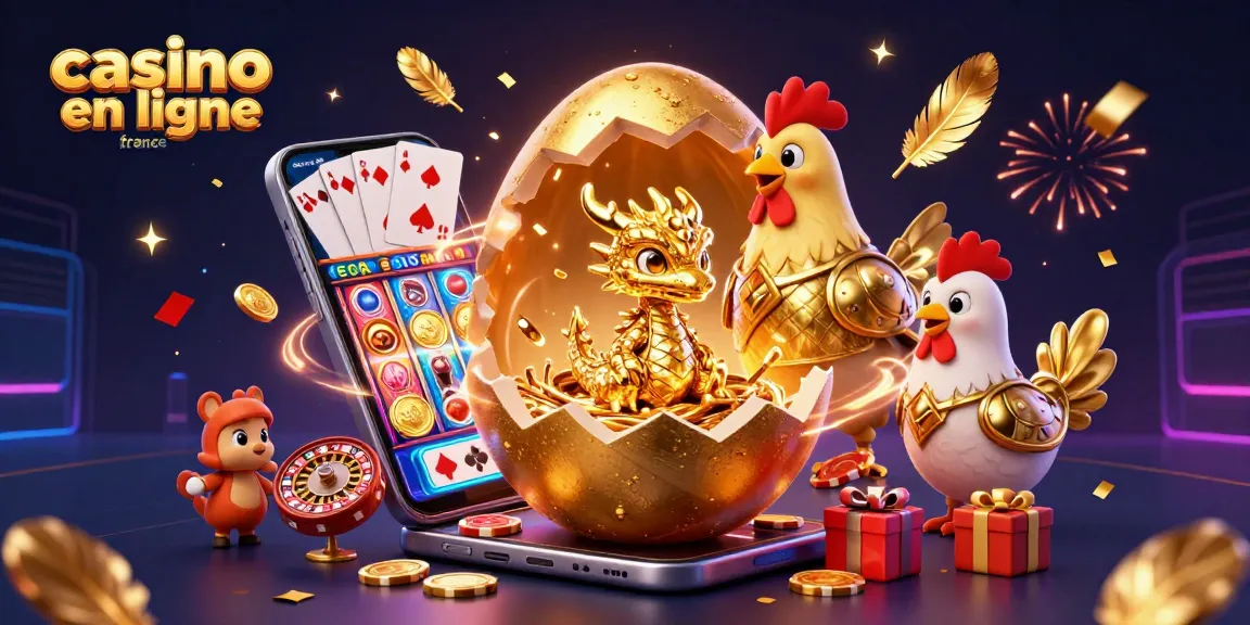 Illustration dynamique d'un dragon en or sur un nid de jetons de poker, célébrant dans un casino en ligne France