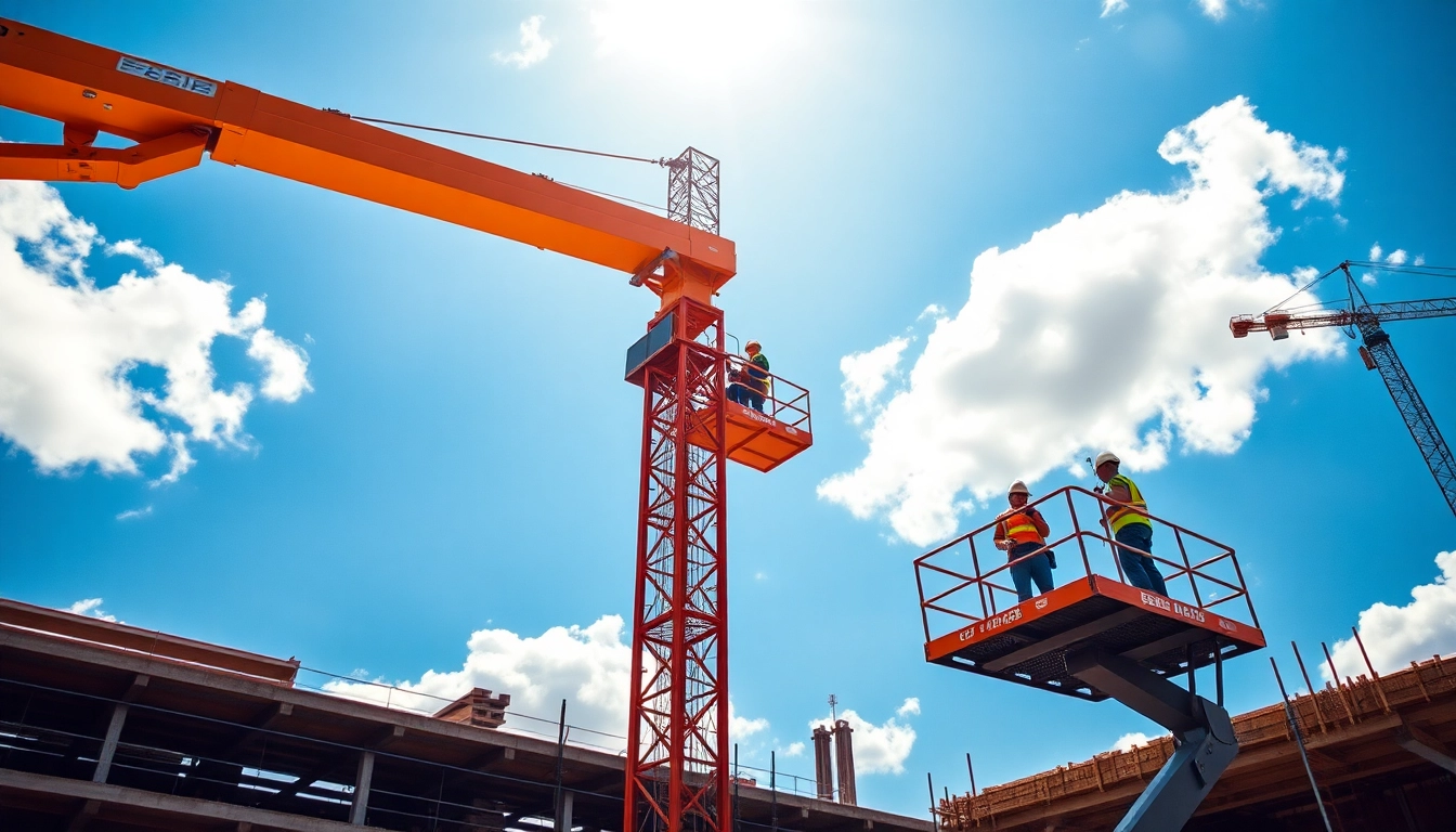 Operate a genie boom effectively at a bright construction site with skilled workers.