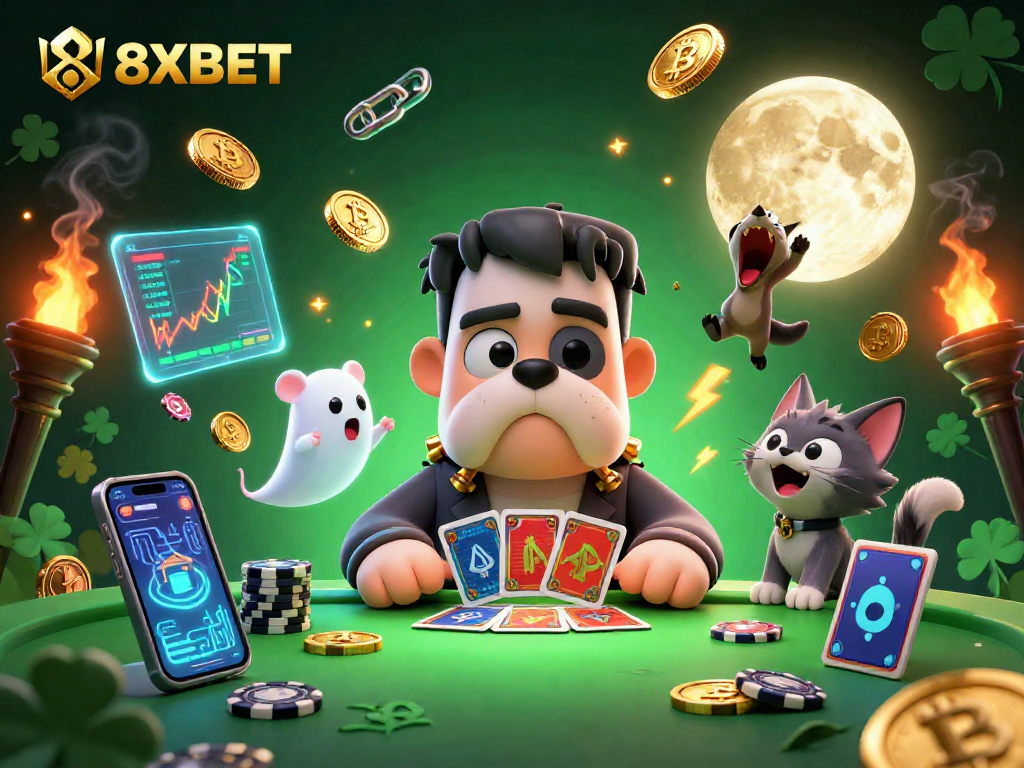Experience the thrilling gameplay at 8XBET with characters in an engaging, vibrant casino atmosphere.