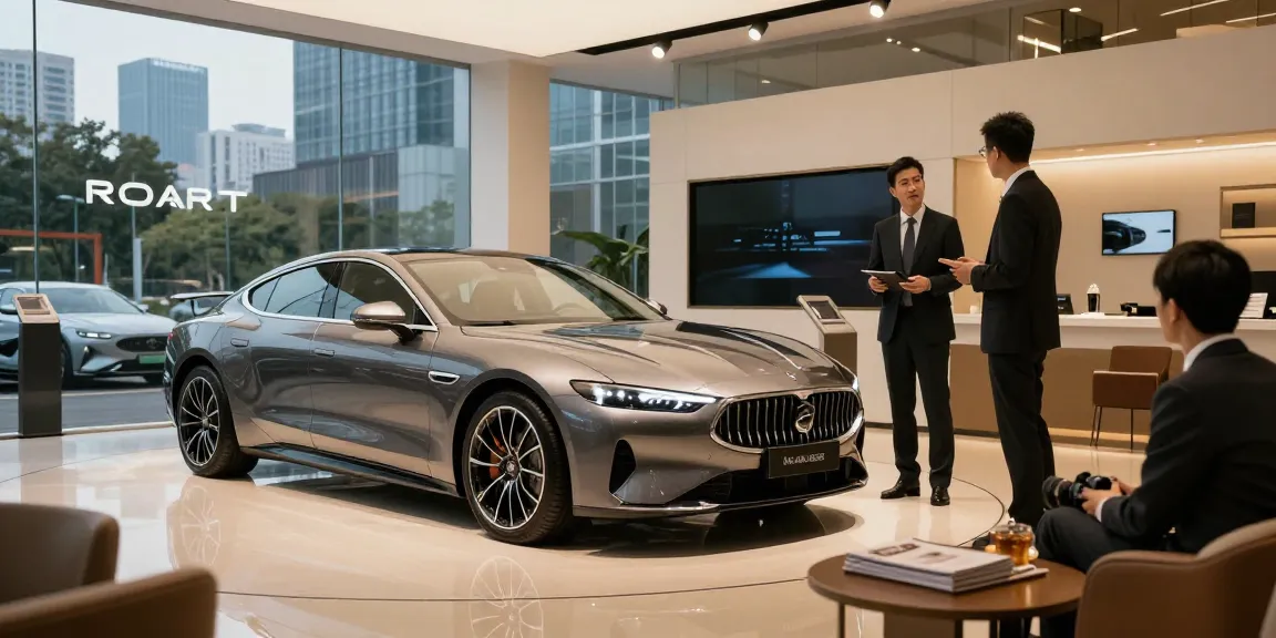 Interior showroom mewah LUXURY 777 dengan mobil premium yang dipamerkan dan pengunjung yang tertarik.
