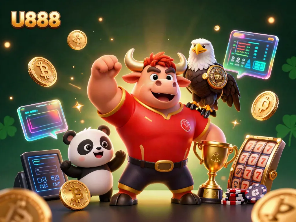 Experience thrilling victories at U888 with mascot celebrations amidst a rich casino atmosphere.