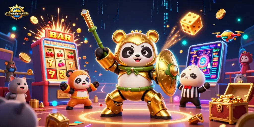Experience thrilling action at cafecasinosistersites with a mech-suit panda battling in a vibrant casino