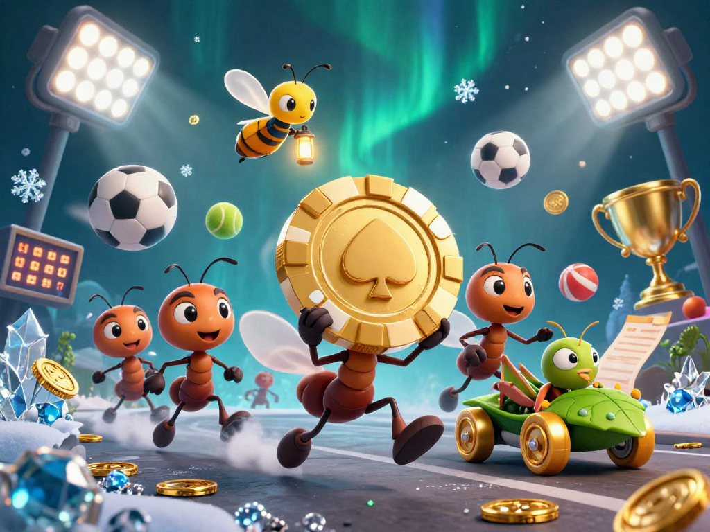 MUBET showcases a vibrant heist theme with cartoon ants, sports elements, and a dynamic casino setting.