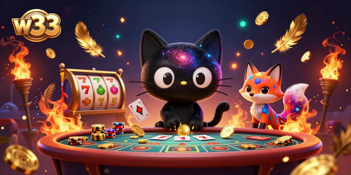w33 players engage with a cosmic casino scene filled with slot machines and animated characters.