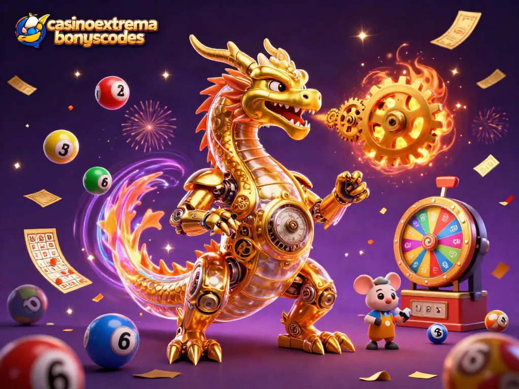 Engage with casinoextremebonuscodes showcasing a dragon amidst colorful lottery scenes and dynamic casino elements.
