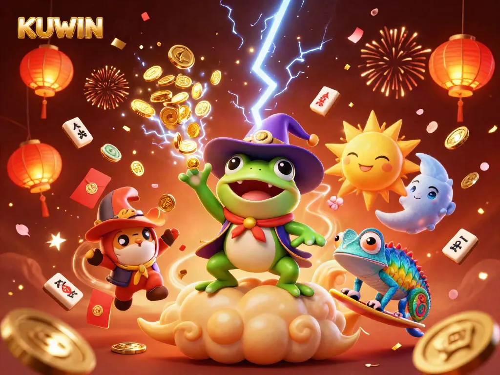 Experience exciting wins at KUWIN with a dynamic gambling-themed 3D illustration featuring colorful characters and casino elements.