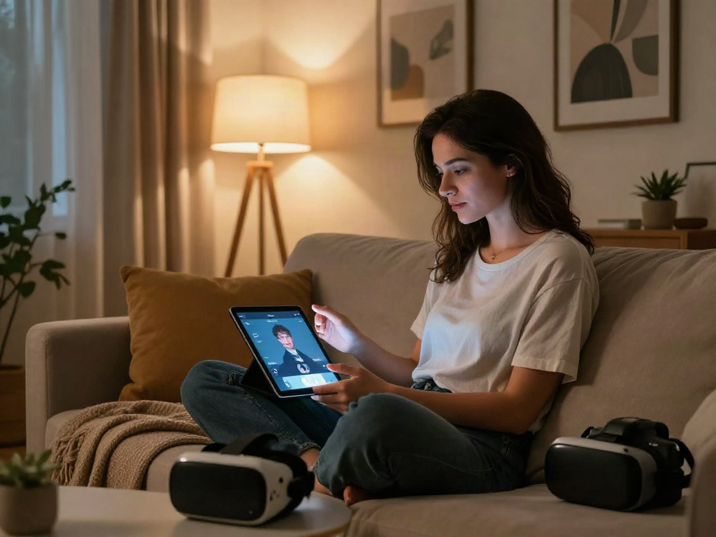 Engaging with AI porn technology in a cozy home environment.