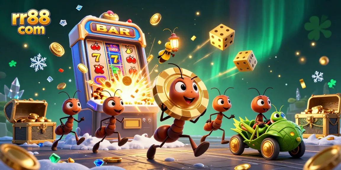 Engage with rr88 com and join the heist as animated ants haul a giant poker chip amid a vibrant casino explosion.