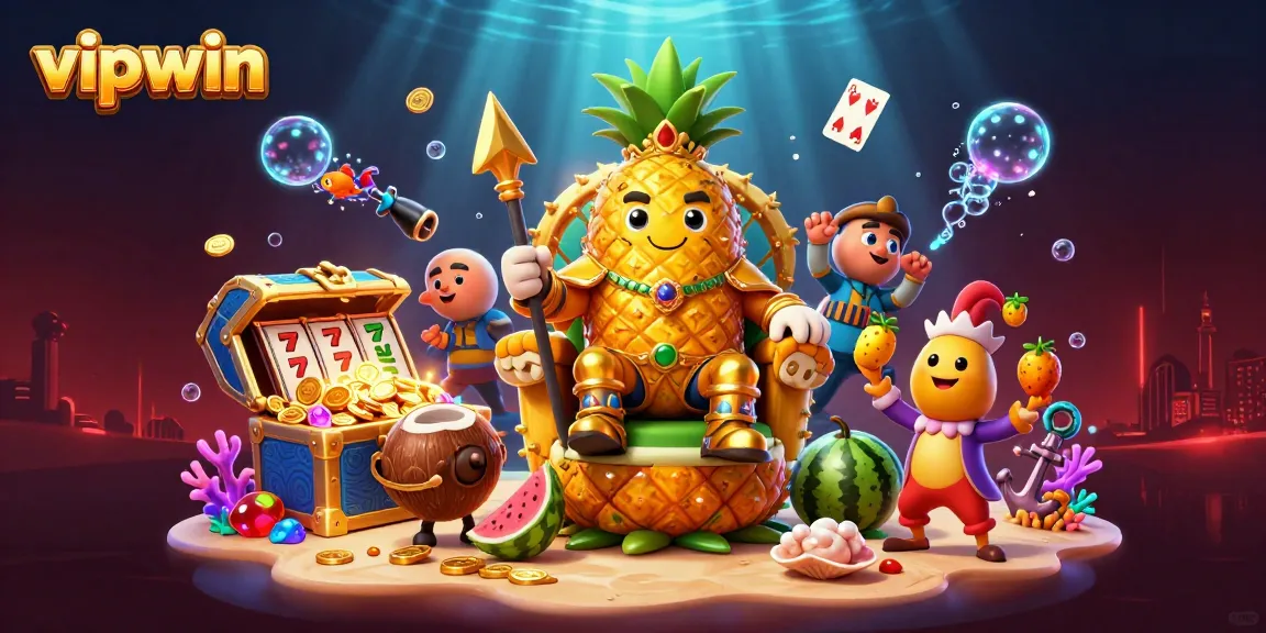 Engage with vipwin's vibrant online casino, featuring tropical characters and exciting jackpot elements.