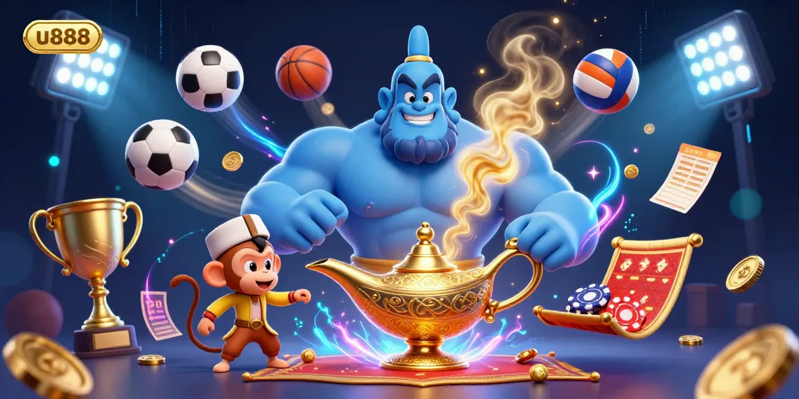 Experience the excitement at u888 with a magical scene featuring a blue genie, sports elements, and casino thrills.
