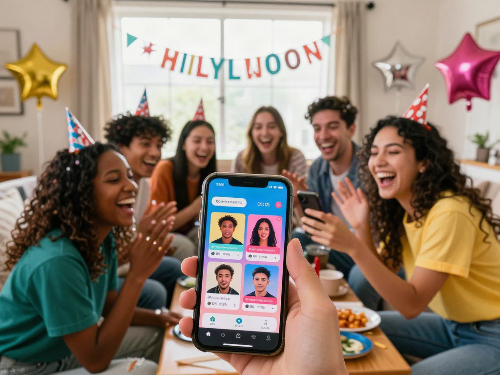 Friends enjoying a fun moment discovering which celebs i look like through a stylish app.
