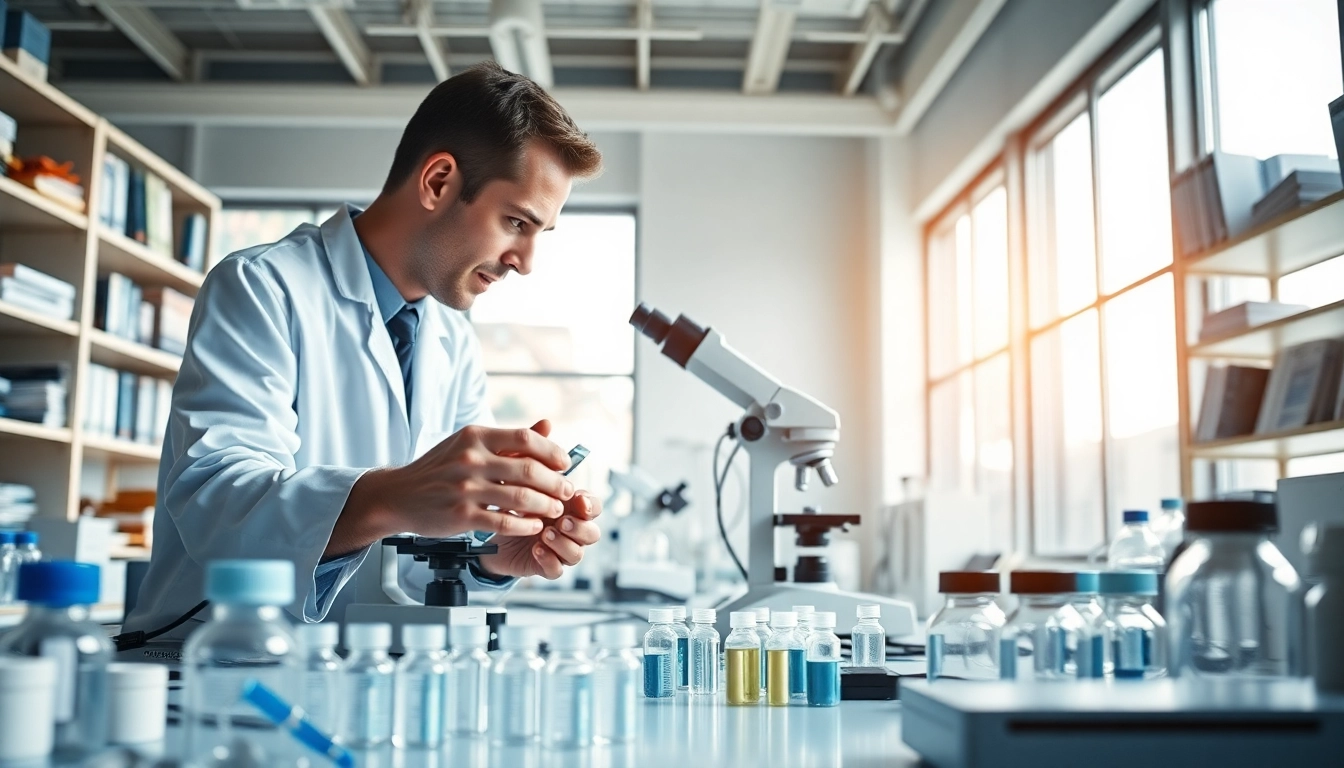 Researcher analyzing tb-500 and bpc-157 peptides in a modern laboratory setting.