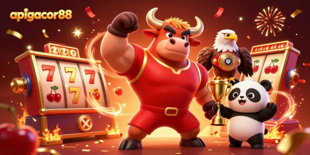 Engage with apigacor88's vibrant casino scene featuring 3D characters celebrating a big jackpot win.