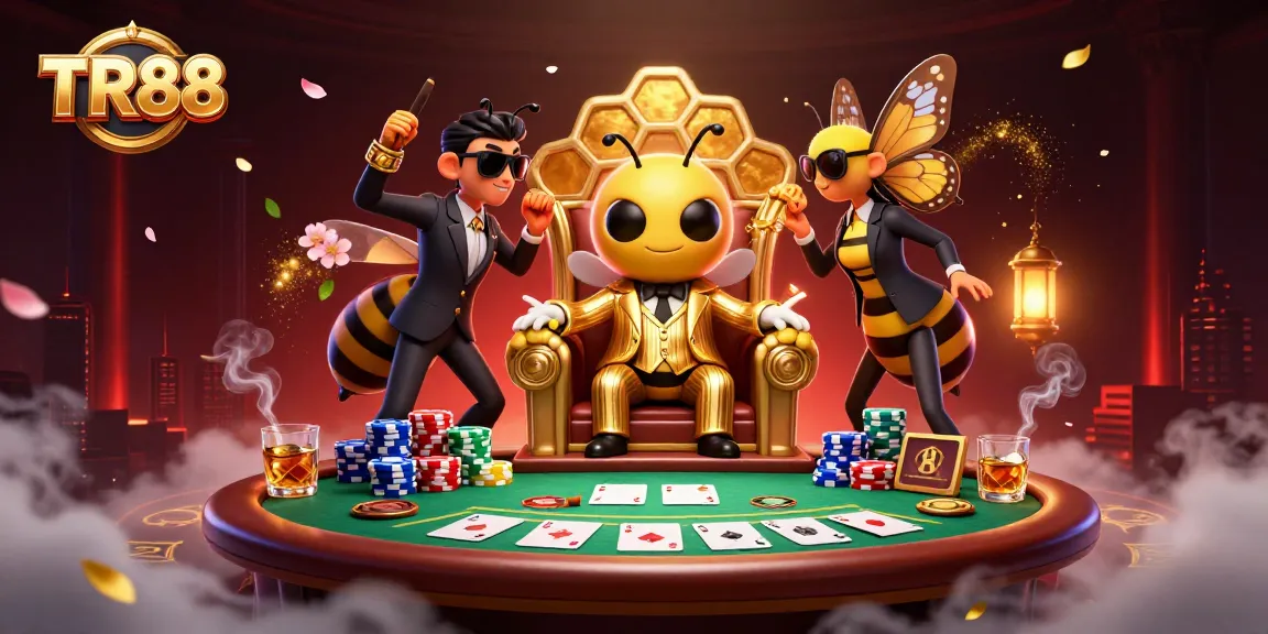 Experience TR88's vibrant poker world with a bumblebee mob boss and lavish game elements.