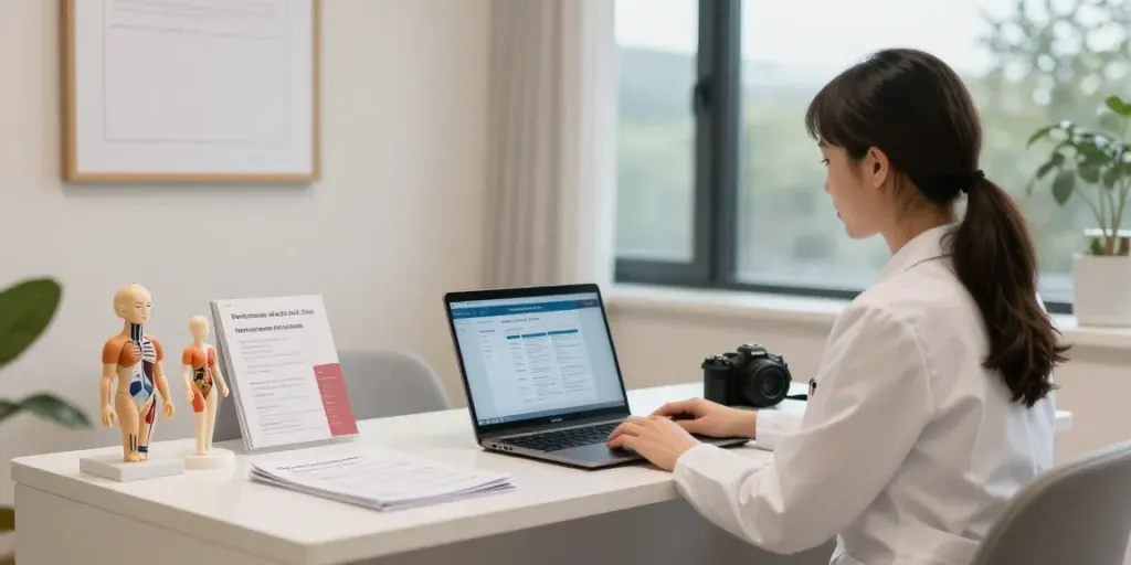 Healthcare professional discussing pt-141 peptide therapy in a tranquil clinic.