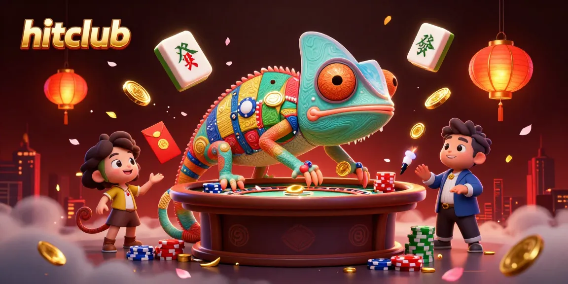 Experience excitement at hitclub with a vibrant chameleon casino owner amidst dazzling gaming elements.