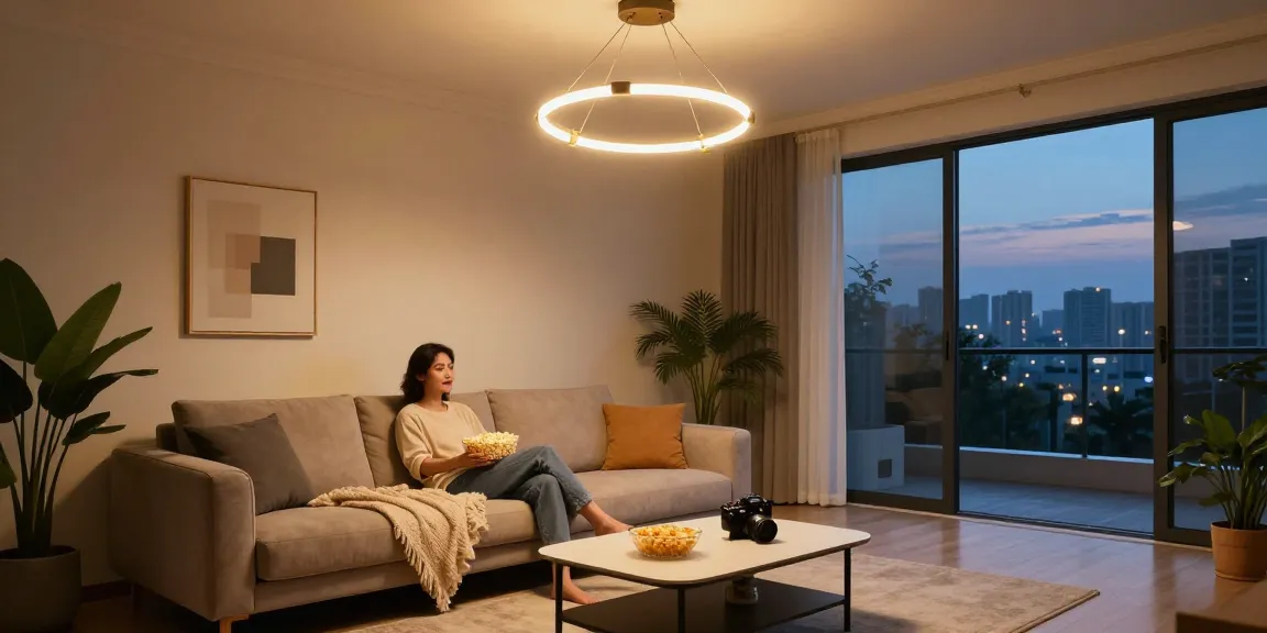 Lustra living modernă iluminând un living confortabil în timpul unei seri de film.