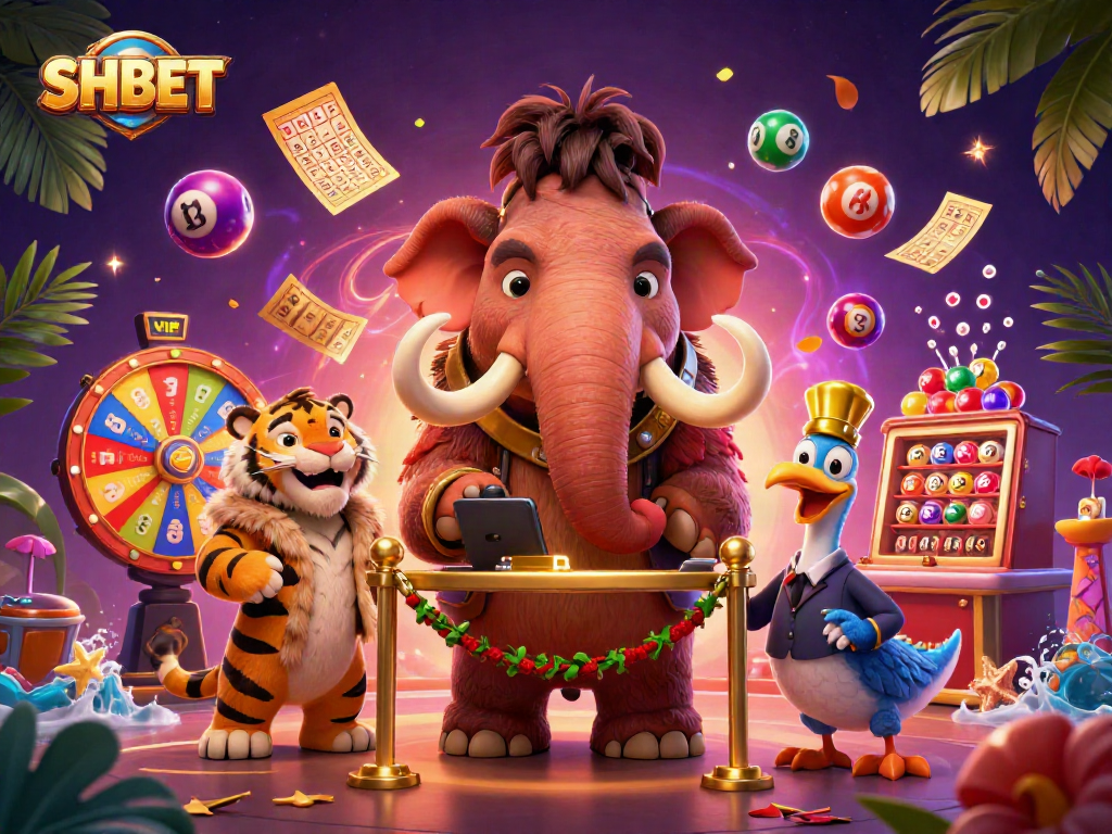 Experience the excitement of SHBET with lottery and gaming elements in a vibrant casino illustration.