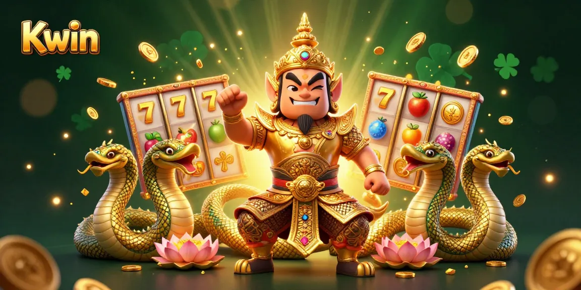 Kwin showcases a colorful 3D display of golden slots and jackpot elements featuring a guardian in armor.